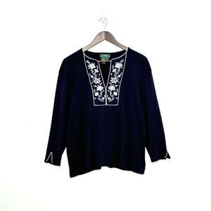 Lauren Ralph Lauren Embroidered 100% Cotton Top Floral Navy Blue Plus Sz 2X